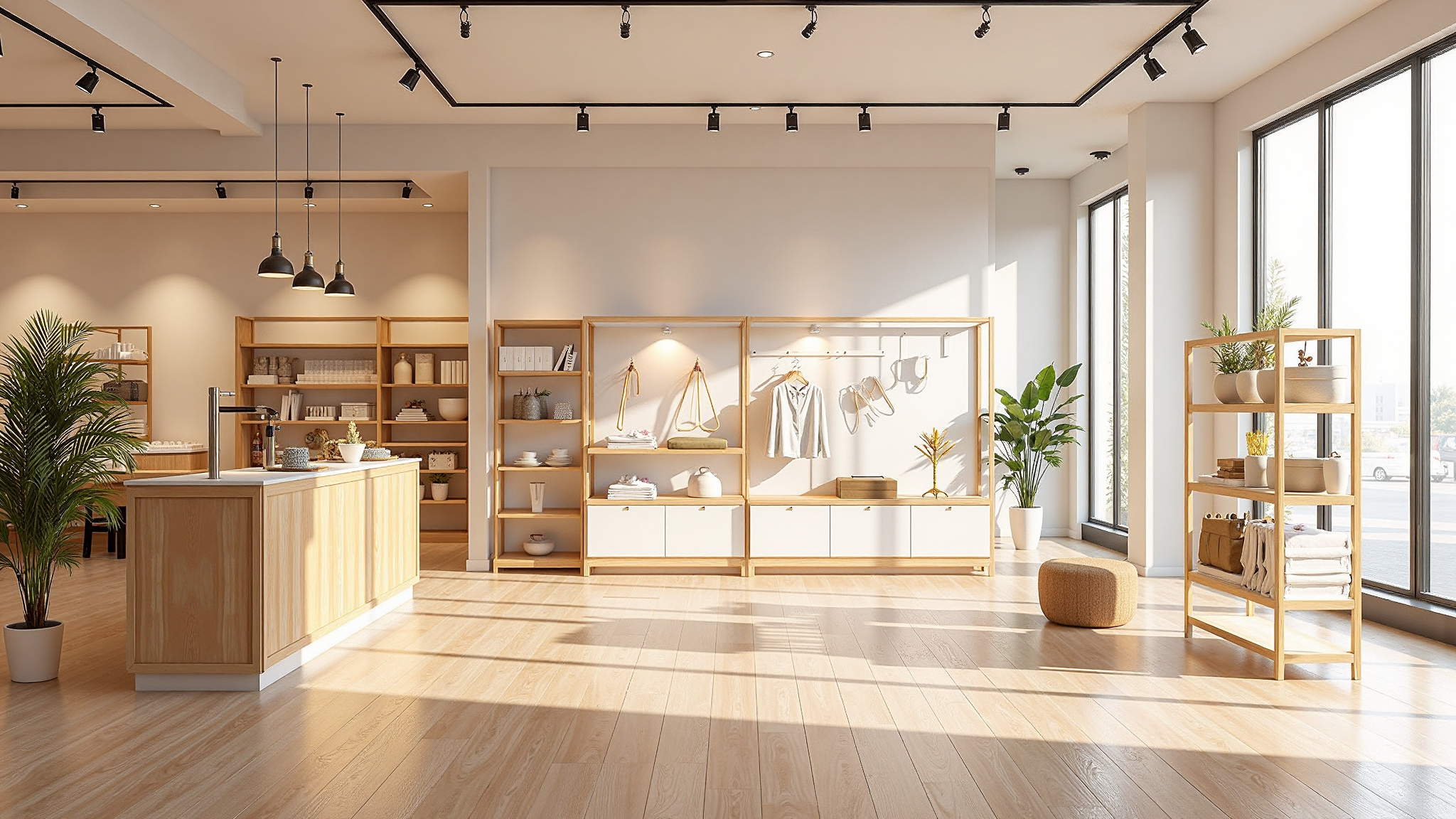 Matched wood and fabric finishes in a showroom setting